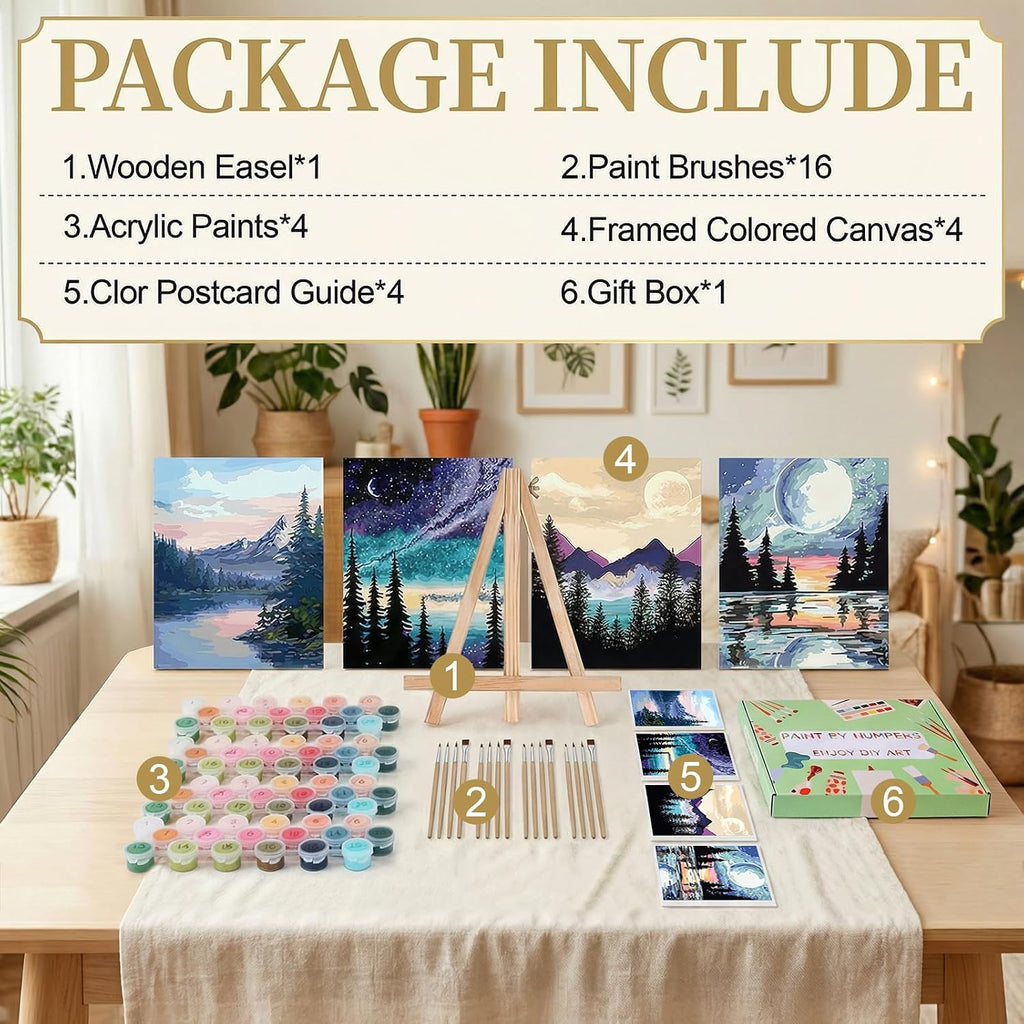 Paint by Numbers Kit for Adults with Framed Canvas 4 Pack, Moon Night Paint by Number Arts Kits for Beginner with Wooden Easel, Acrylic Set, Brushes for Home Decor, 9 * 12 Inch