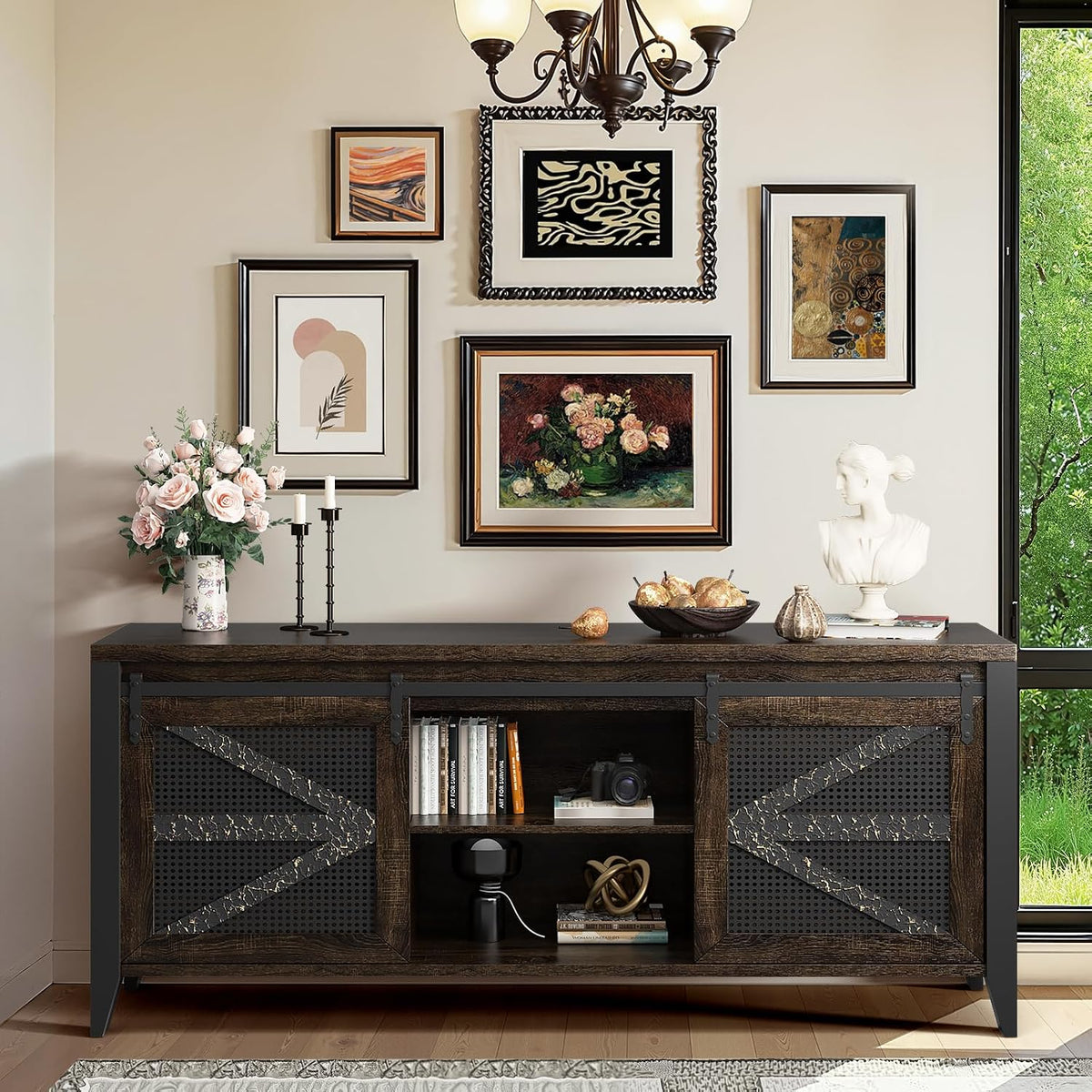 60 Inch TV Stand for TVs up to 65", Rustic Farmhouse Media Console with Sliding Barn Doors, 6 Drawers, Entertainment Center for Living Room