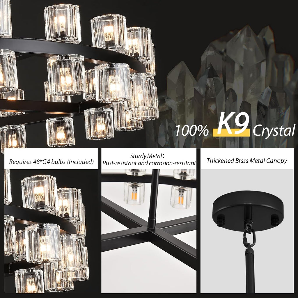 48 inch Black Round Chandeliers Light Fixture, Crystal Chandeliers for Dining Room, Living Room Chandelier, Wagon Wheel Chandelier Over Table, Suitable for Bedroom,Foyer,Includes Bulb