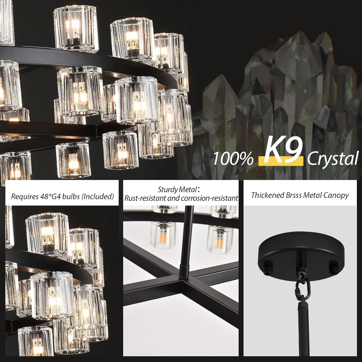 48 inch Black Round Chandeliers Light Fixture, Crystal Chandeliers for Dining Room, Living Room Chandelier, Wagon Wheel Chandelier Over Table, Suitable for Bedroom,Foyer,Includes Bulb