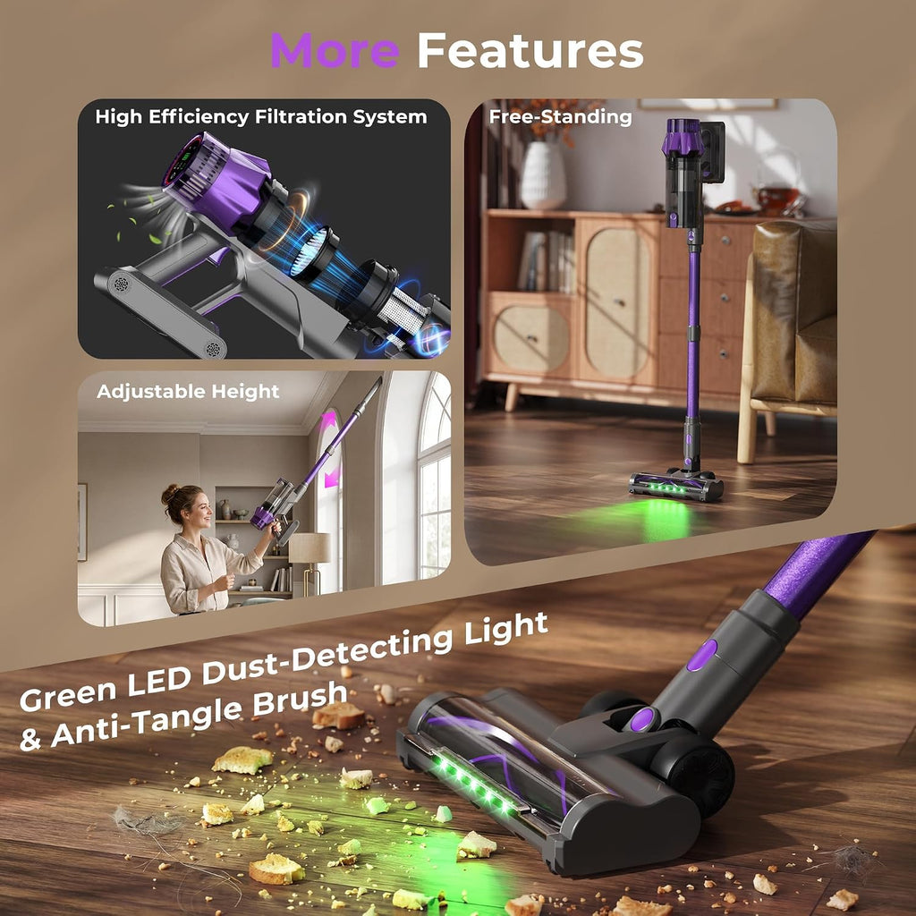 Cordless Vacuum Cleaners for Home, 55Kpa Suction, Max 70Min Runtime