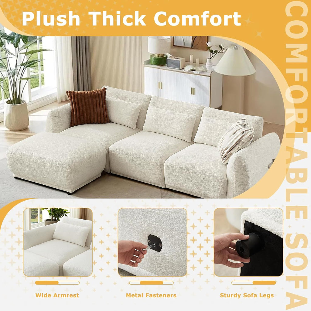 Boucle Sectional Couches for Living Room, L Shape Sofa with Removable Ottoman