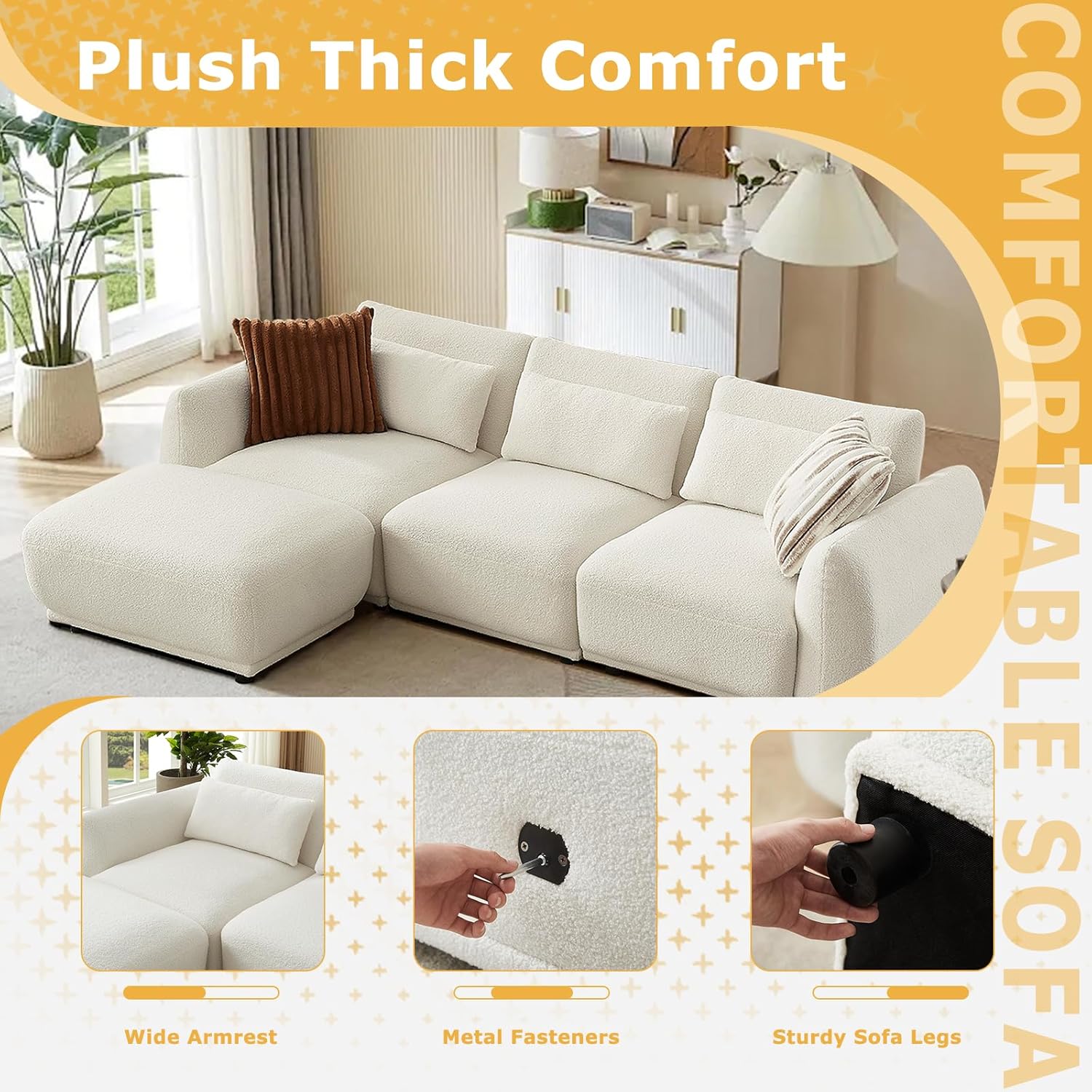 Boucle Sectional Couches for Living Room, L Shape Sofa with Removable Ottoman