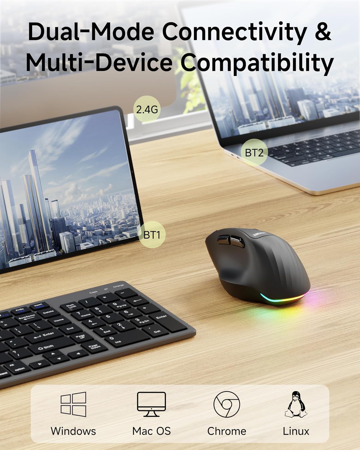 C2 Ergonomic Mouse, Wireless Computer Mouse (BT&2.4G) for Work/Office, 5 Adjustable 4000 DPI, Quiet Clicks, RGB Light, Battery Rechargeable Comfort Grip Bluetooth Mouse for Laptop/PC/Mac, Black
