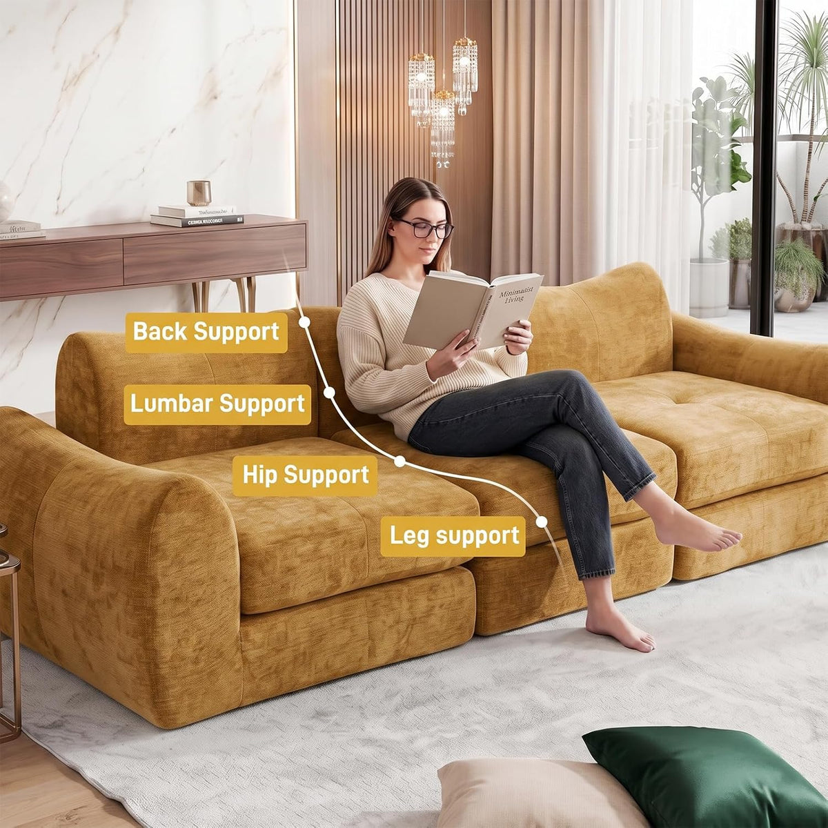 102" Modular Sectional Boneless Couch, Convertible Cloud Sofa Bed with Upholstered Deep Seat, Soft Deep Lounger for Living Room Playroom (Yellow)