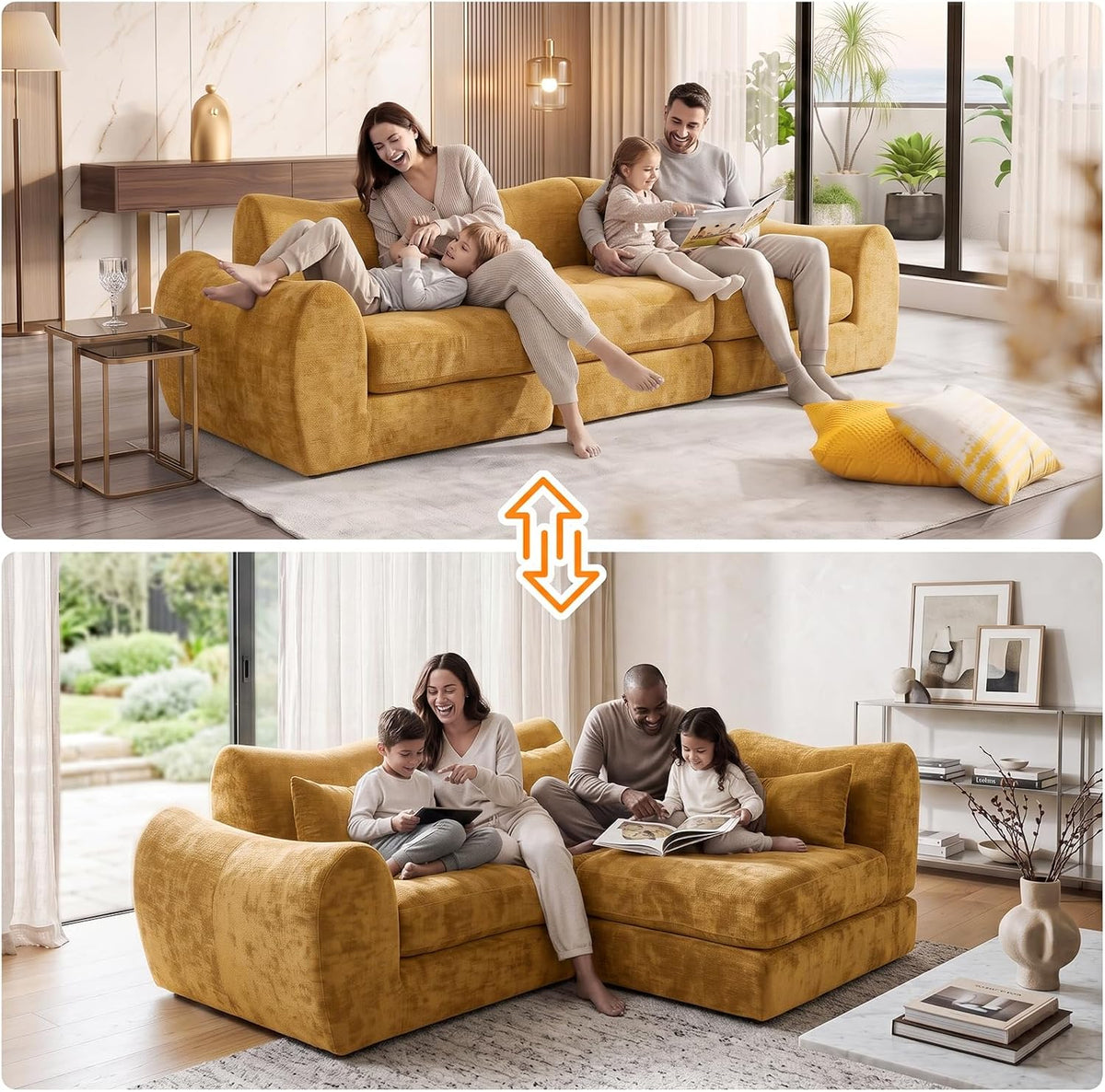 102" Modular Sectional Boneless Couch, Convertible Cloud Sofa Bed with Upholstered Deep Seat, Soft Deep Lounger for Living Room Playroom (Yellow)