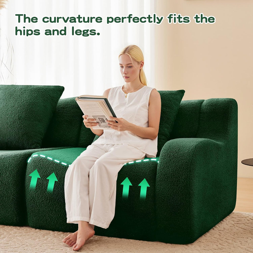 L-Shaped 2-Seat Boneless Sofa, Soft Teddy Fabric Couch, 32D High-Density Sponge, Ergonomic Curved Armrest, Non-Slip Base, No Assembly for Living Room or Bedroom, Green