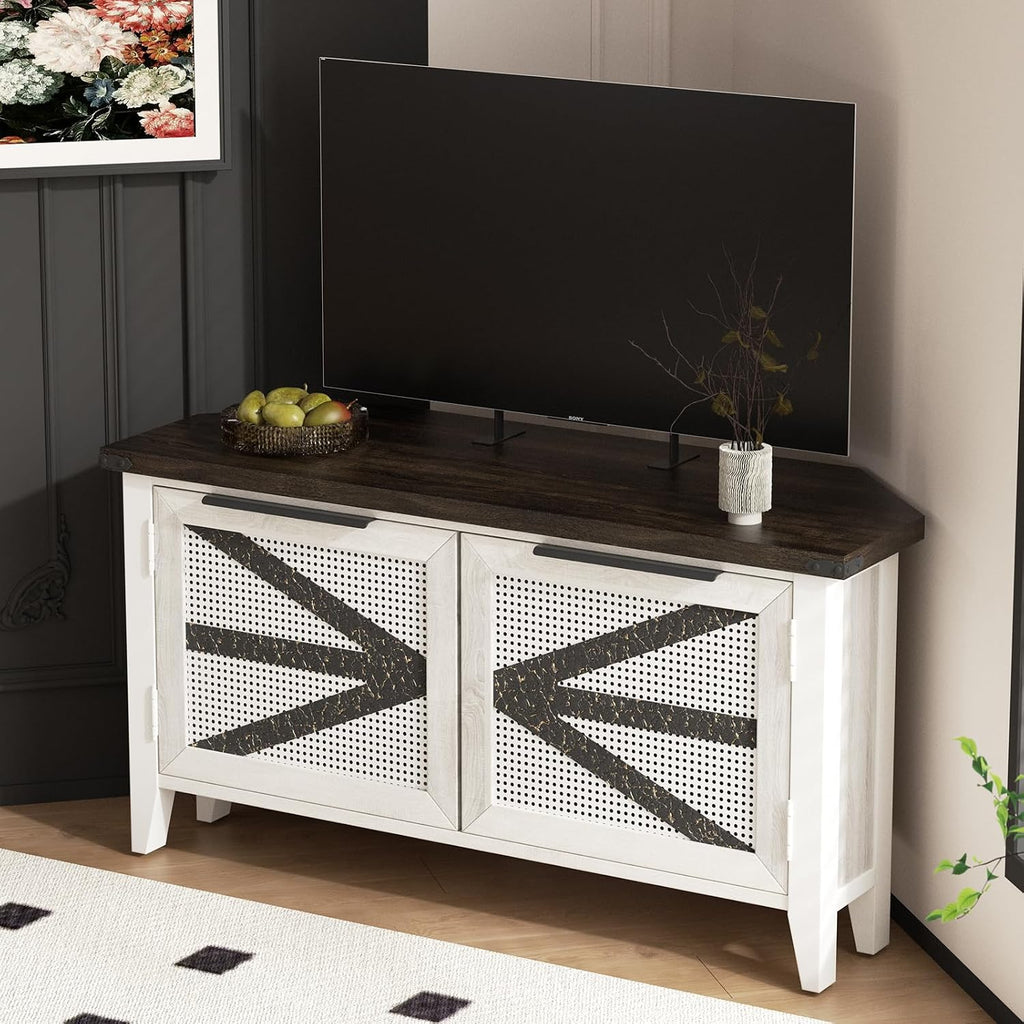 Farmhouse Corner TV Stand for 50 Inch TV, Rustic Entertainment Center with Storage, Space-Saving Media Console Table for Living Room & Bedroom