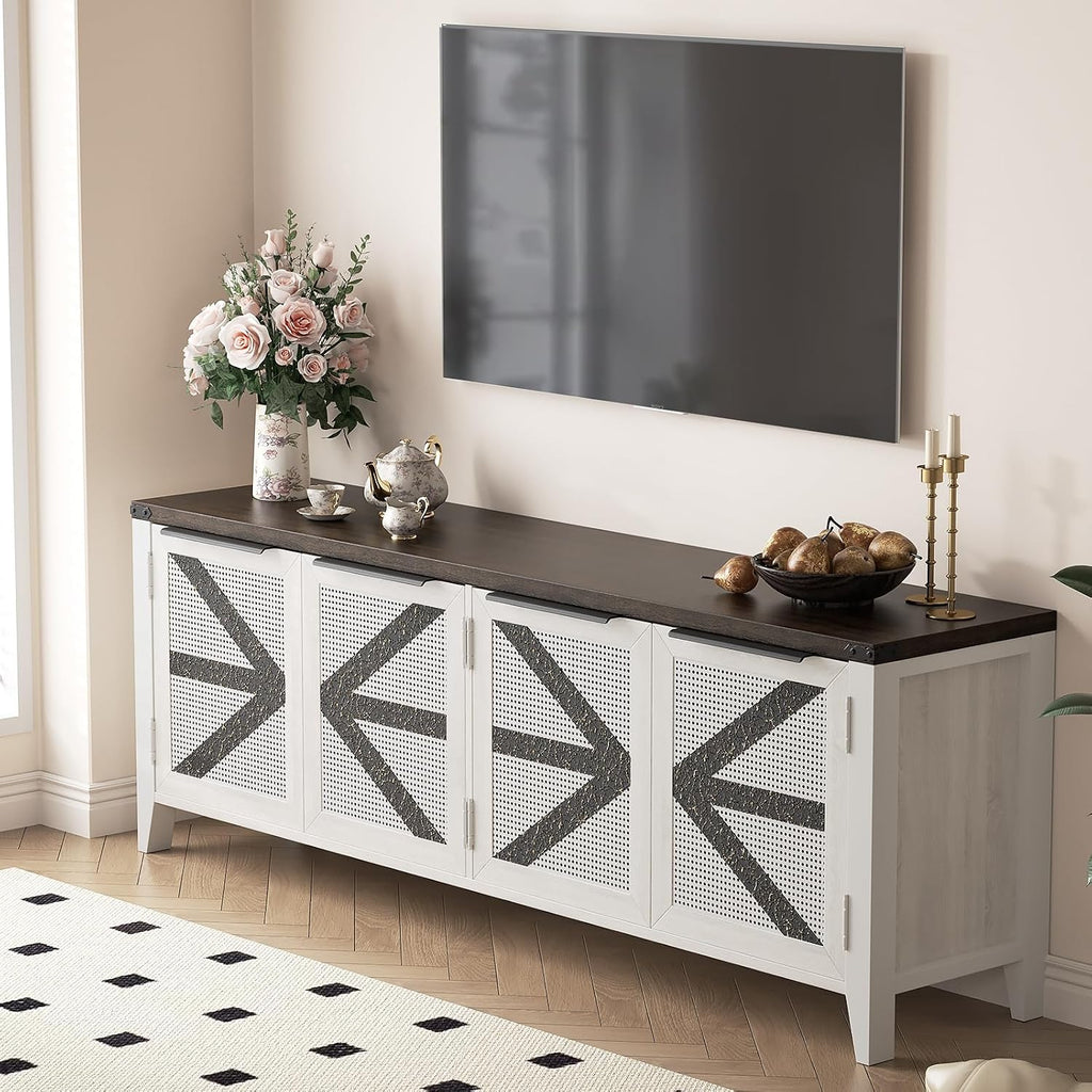 70 Inch Farmhouse TV Stand for 75 Inch TV, Rustic Entertainment Center with 4 Doors, Wood Media Console Cabinet with Storage, Living Room TV Cabinet