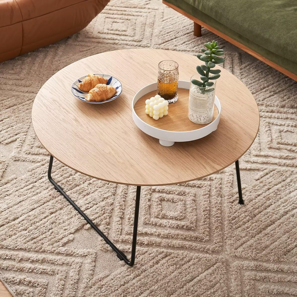 Round Wood Top Coffee Table with Black Metal Hairpin Legs, Minimalist Modern Cocktail Side Table, Small Space Living Room Accent Center Table