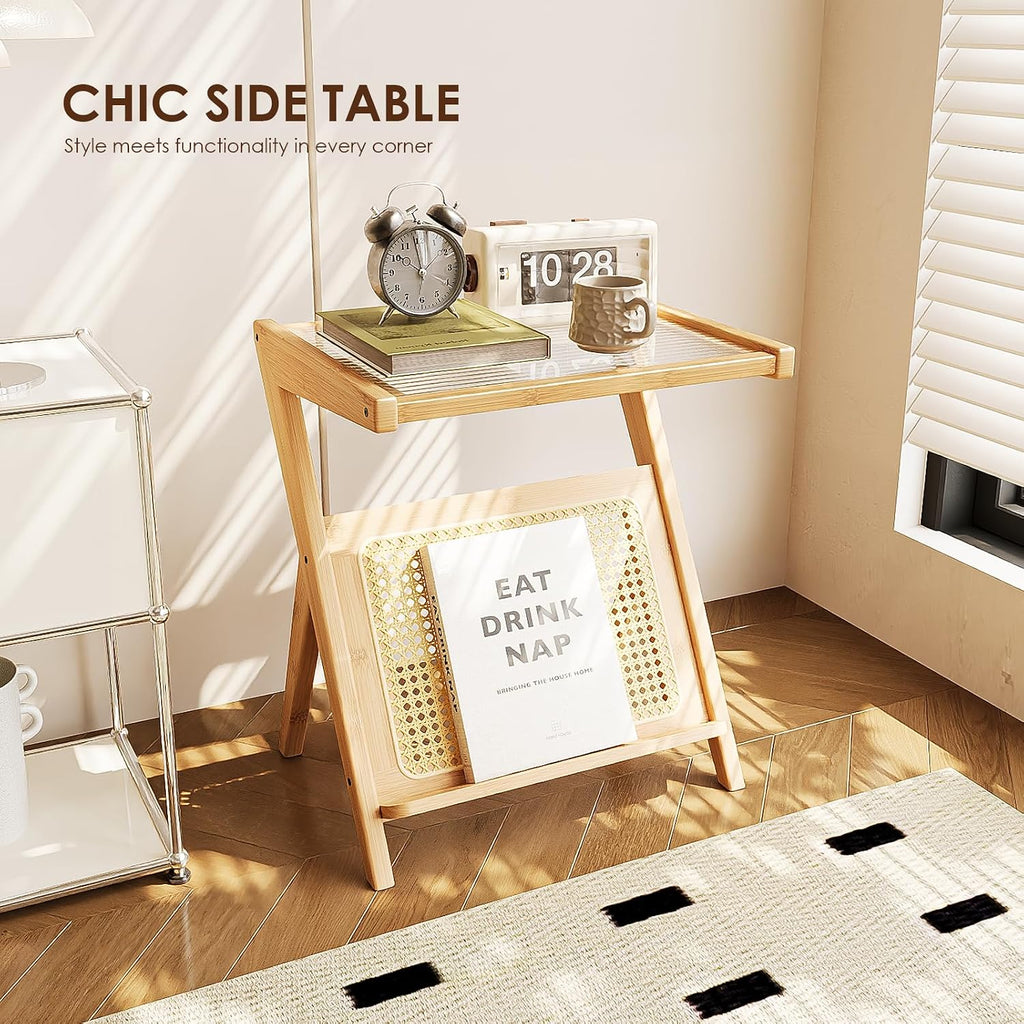 Rattan Side Table Boho Nightstand with Storage Shelf