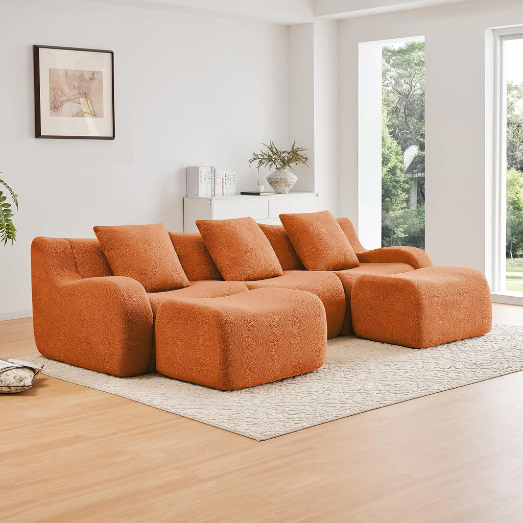Modular Sectional Sofa for Living Room, 115.3" U-Shaped Orange Boneless Cloud Couch with 2 Ottoman, 3-Seat Teddy Fabric Sofa Deep Seat Curved Armrest,Streamlined Ergonomic Design