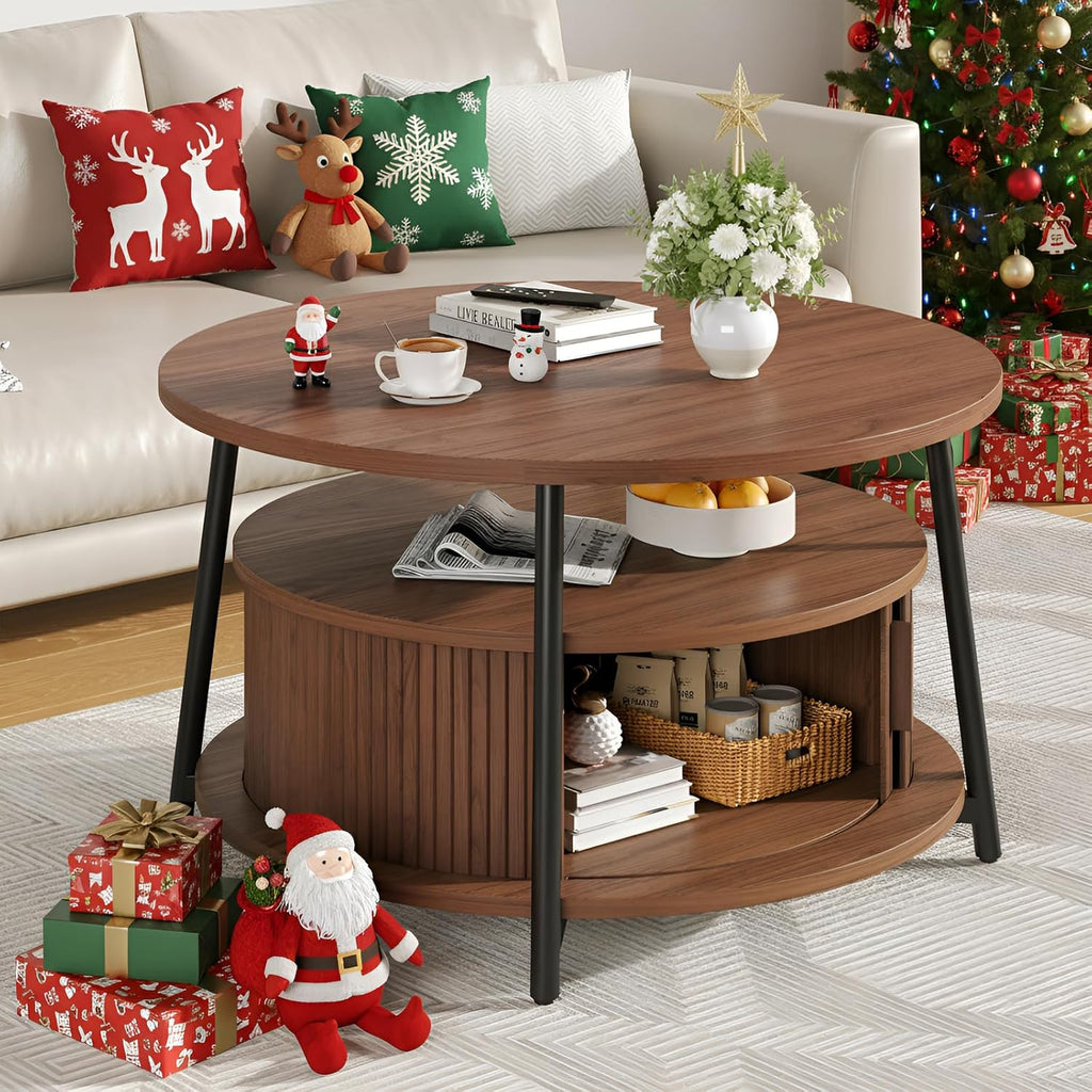 31.5 Inch Round Coffee Table with Storage, Fluted Coffee Tables with 2 Tiers
