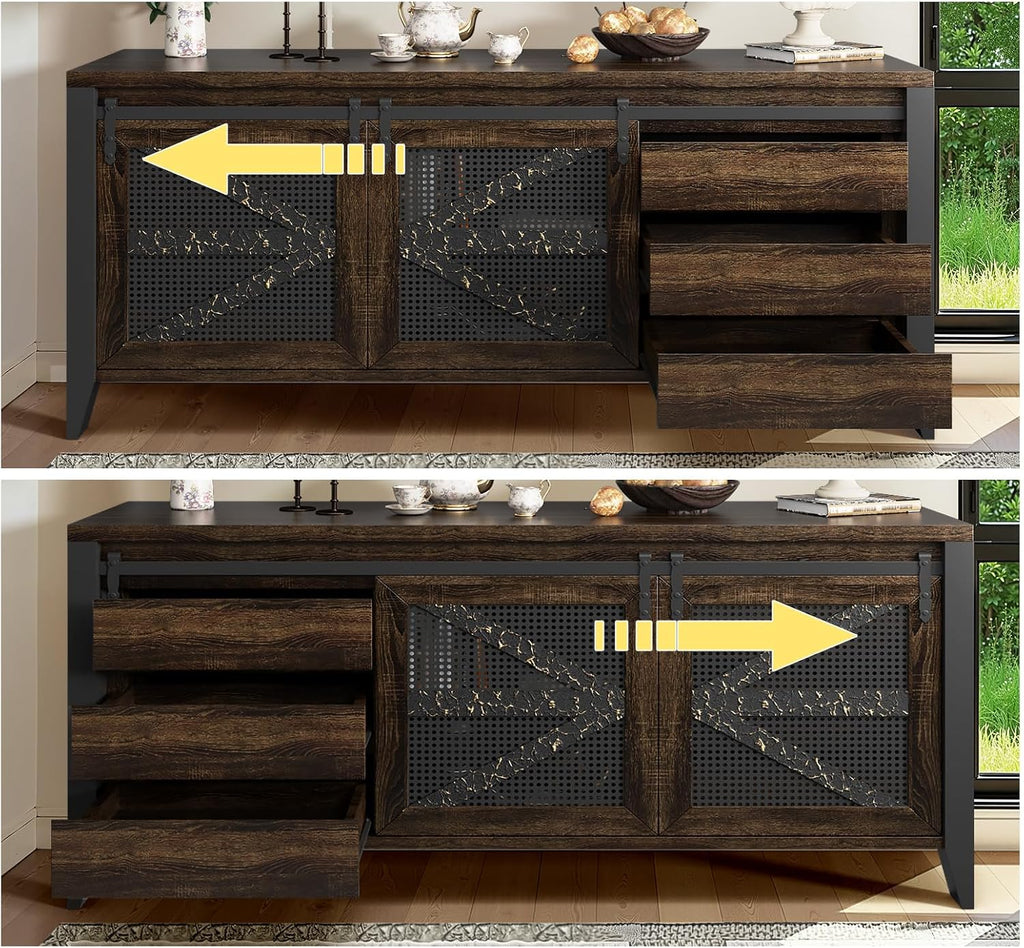60 Inch TV Stand for TVs up to 65", Rustic Farmhouse Media Console with Sliding Barn Doors, 6 Drawers, Entertainment Center for Living Room