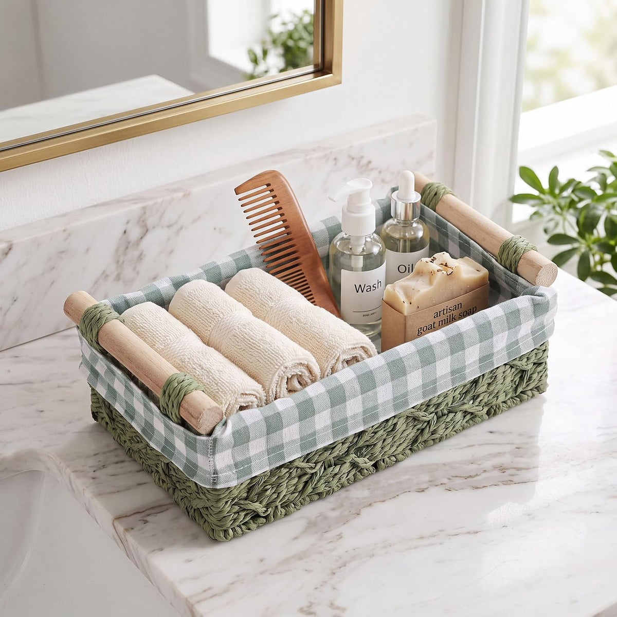2 Pcs Gingham Storage Basket Sets Green Toilet Paper Storage