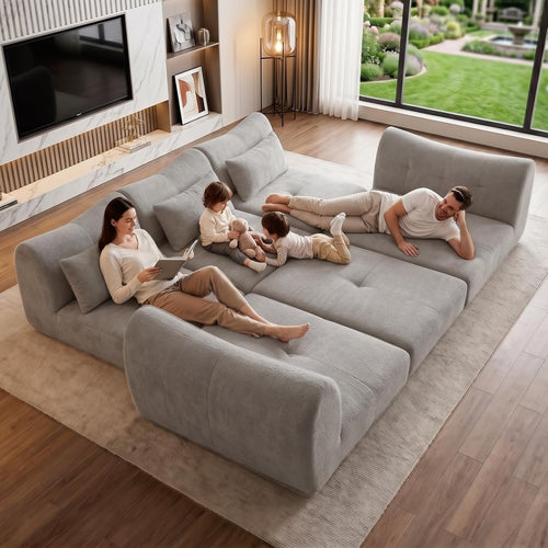102" Modular Sectional Boneless Couch, Convertible Cloud Sofa Bed with Upholstered Deep Seat, Soft Deep Lounger for Living Room Playroom (Grey)