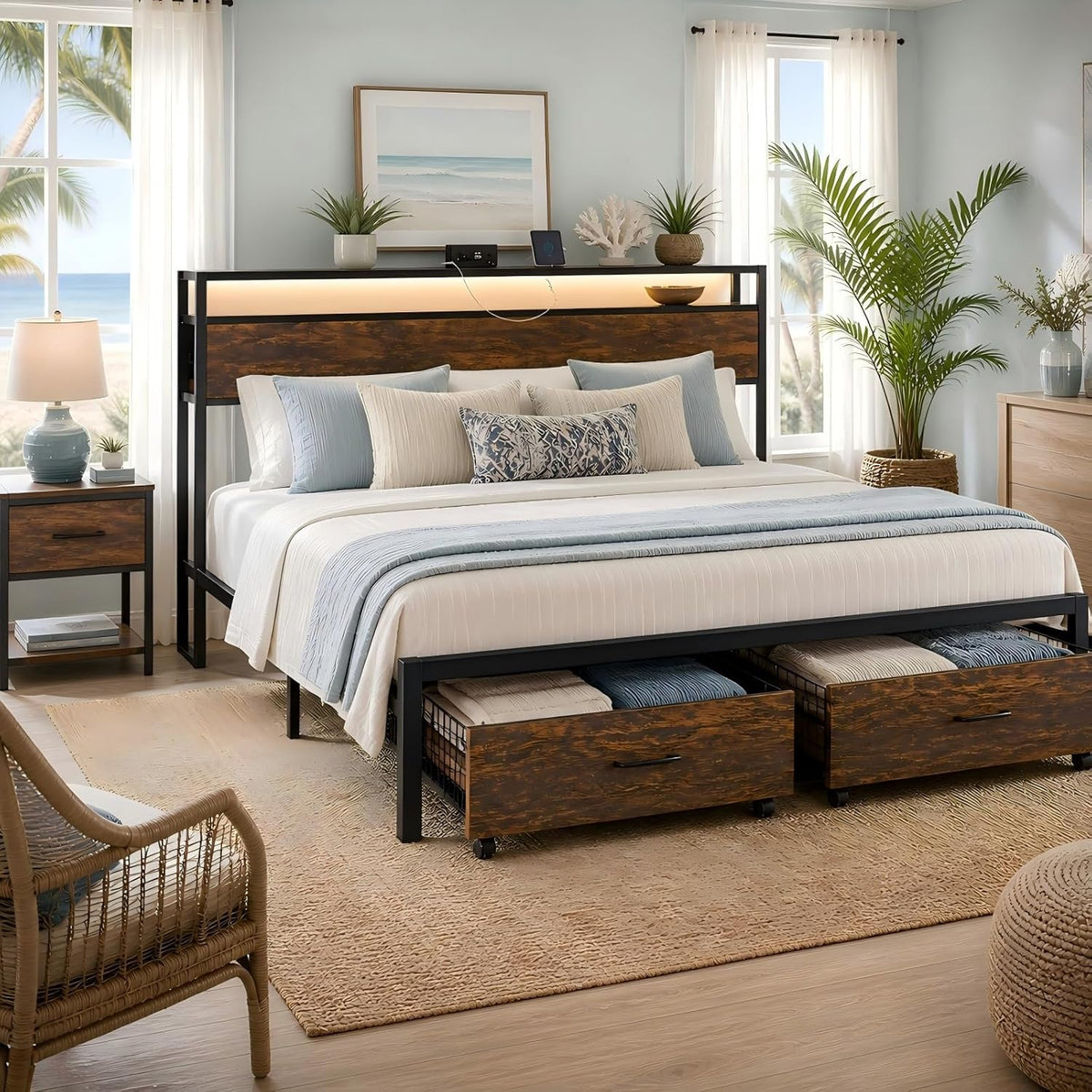Metal Platform Bed Frame King Size with Wood Headboard and Footboard & USB Charging Station and Smart LED Lights (King)