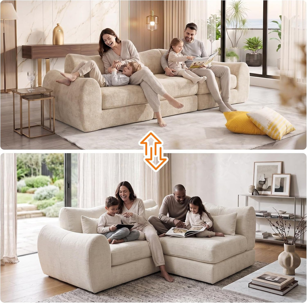 102" Modular Sectional Boneless Couch, Convertible Cloud Sofa Bed with Upholstered Deep Seat, Soft Deep Lounger for Living Room Playroom (Beige)