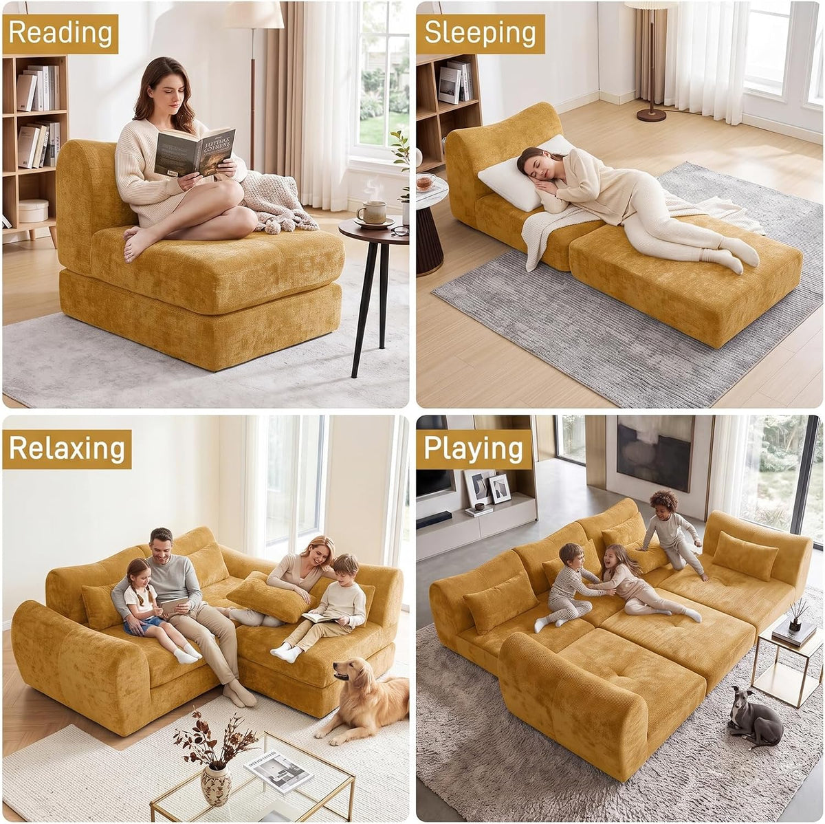 102" Modular Sectional Boneless Couch, Convertible Cloud Sofa Bed with Upholstered Deep Seat, Soft Deep Lounger for Living Room Playroom (Yellow)
