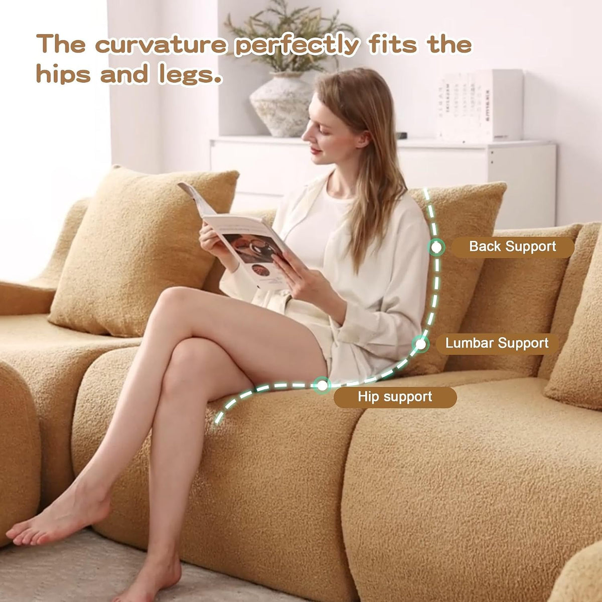 Soft Teddy Fabric Boneless Sofa Fluffy Comfortable Couch 32D High-Density Sponge Streamlined Design Non-Slip Base No Assembly for Living Room or Bedroom, Camel
