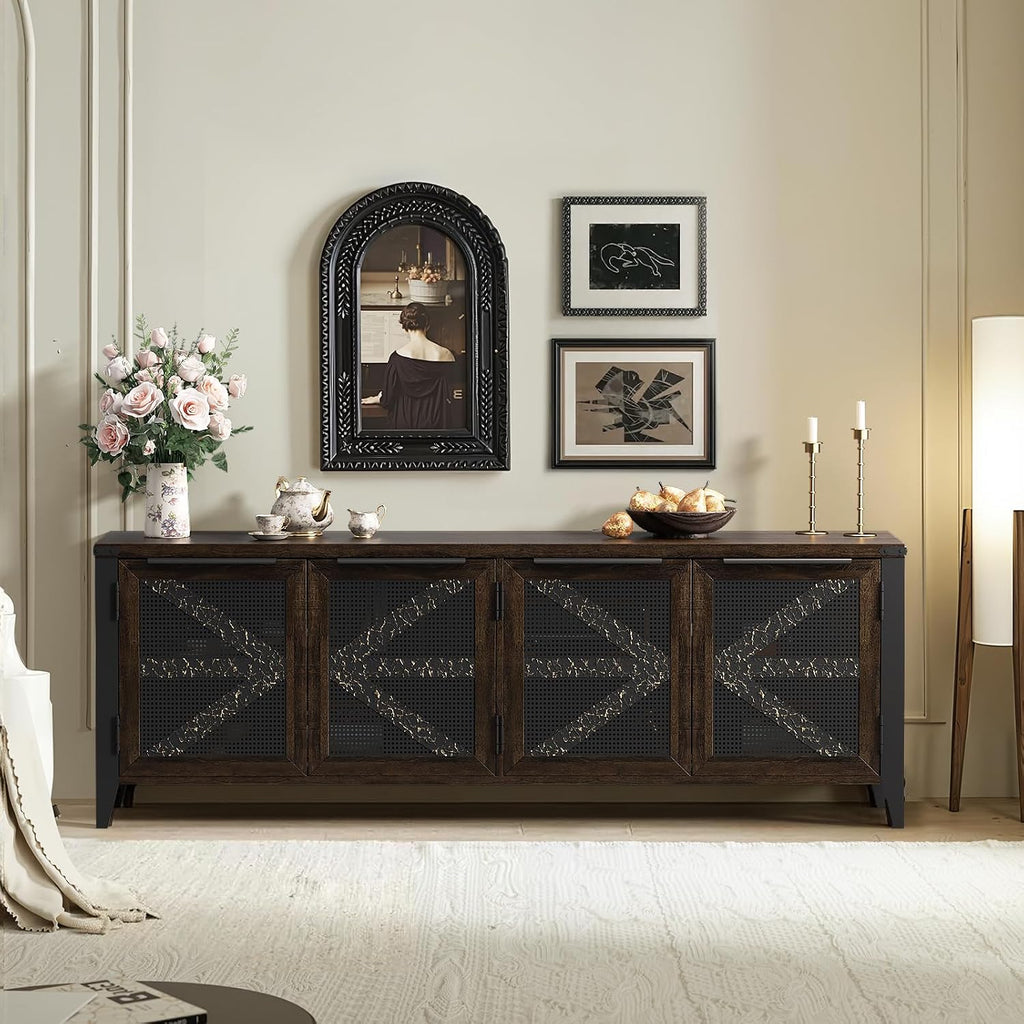 70 Inch Farmhouse TV Stand for 75 Inch TV, Rustic Entertainment Center with 4 Doors, Wood Media Console Cabinet with Storage, Living Room