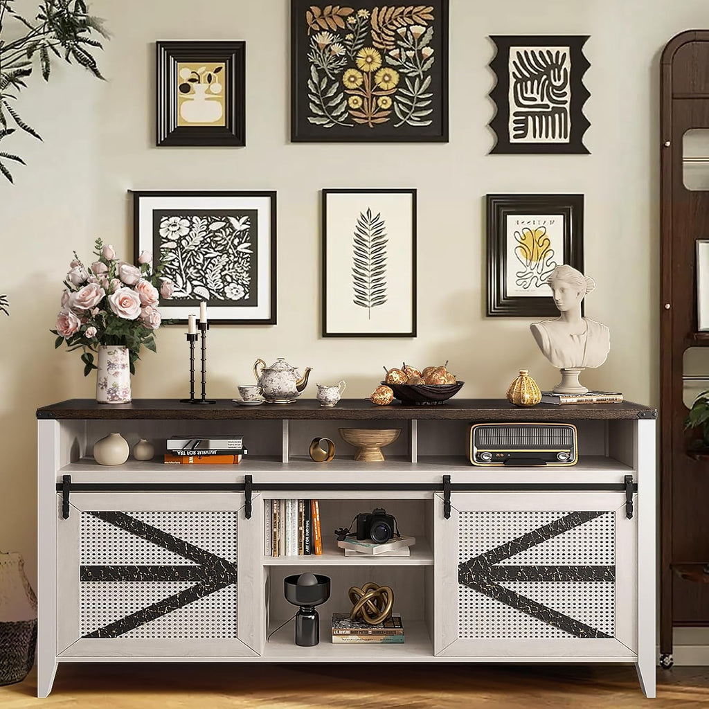 70 Inch TV Stand for TVs up to 70", Rustic Farmhouse Media Console with Sliding Barn Doors, 6 Drawers, Entertainment Center for Living Room