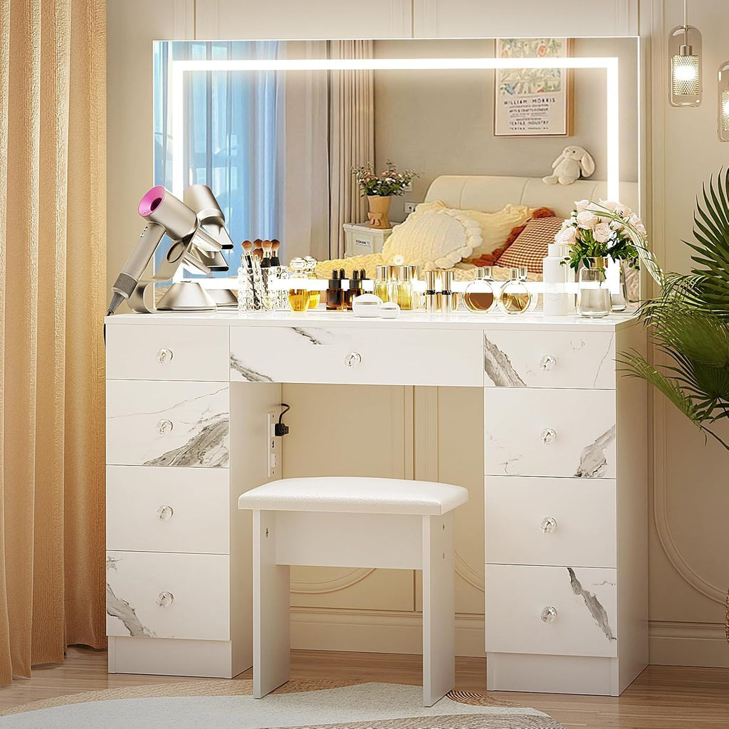 VOWNER Vanity with Lighted Mirror - Makeup Vanity Desk(MARBLE)