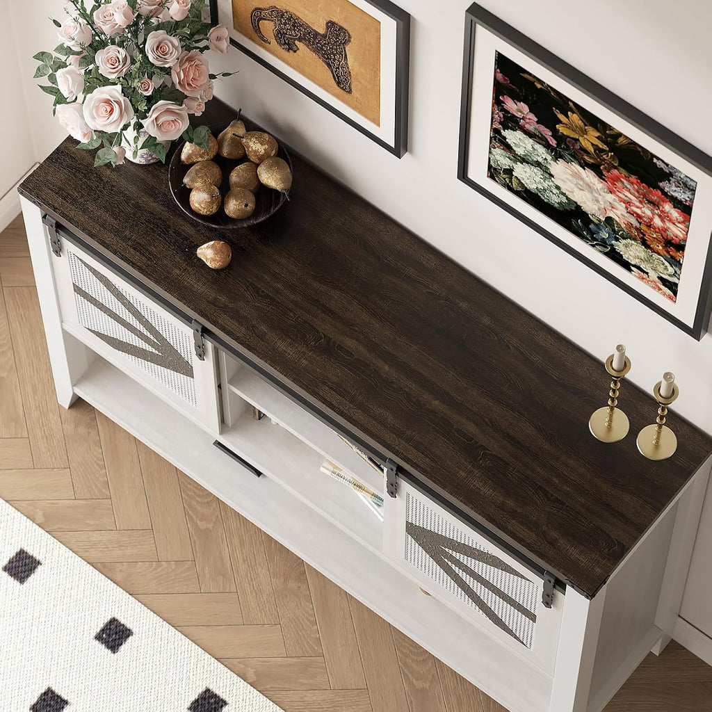47.2" Farmhouse Console Table with Storage Drawers & Sliding Barn Doors, Hidden Compartment Narrow Rectangle Sofa Table Rustic Entryway Table for Living Room, Hallway, Behind Sofa