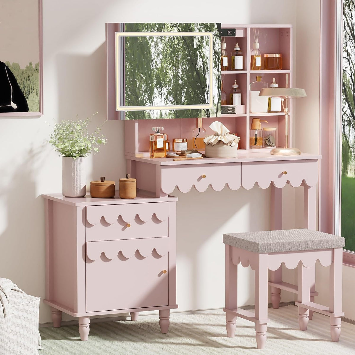 Pink Makeup Vanity Desk With 3 Color Touch Screen Lighted Sliding Mirror, Scalloped Large Vanity Table Set with Storage & Drawers Fluted Petal Pattern Dressing Table with Cushioned Stool for Bedroom