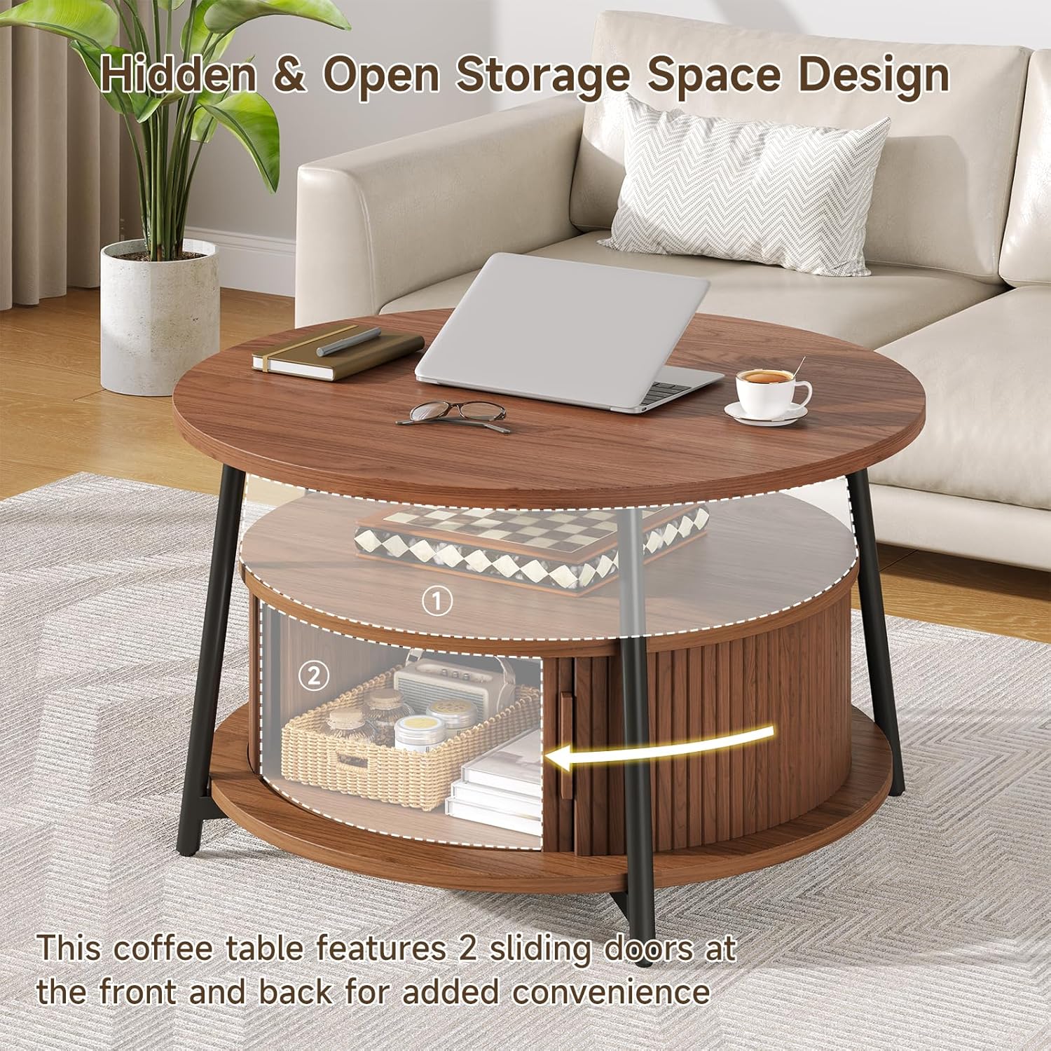 31.5 Inch Round Coffee Table with Storage, Fluted Coffee Tables with 2 Tiers