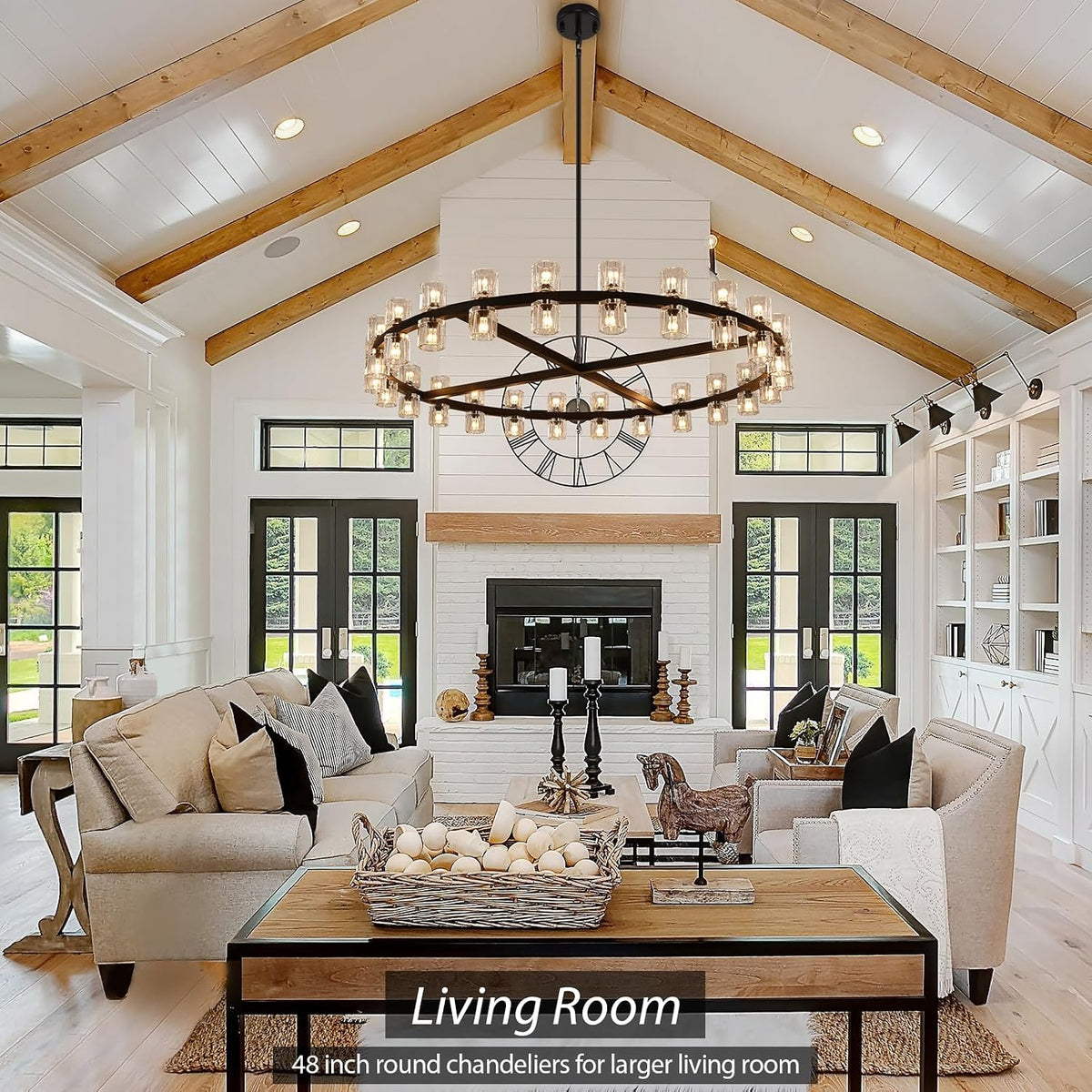 48 inch Black Round Chandeliers Light Fixture, Crystal Chandeliers for Dining Room, Living Room Chandelier, Wagon Wheel Chandelier Over Table, Suitable for Bedroom,Foyer,Includes Bulb