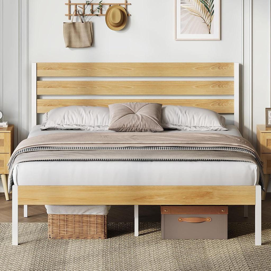 Queen Bed Frame with Headboard, Metal Platform Bed Frame with Under Bed Storage, 1500LBS Mattress Foundation, No Box Spring Needed, Easy Assembly, Natural Oak