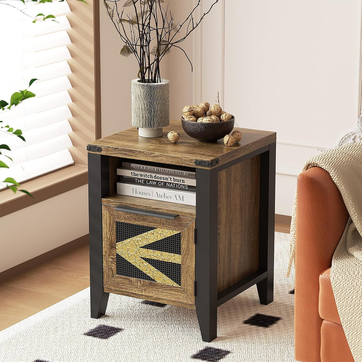 Farmhouse End Table with Charging Station, 18.1" Narrow Side Table for Living Room, Sofa End Table with Storage Cabinet & Open Shelf, Nightstand with 2 USB Ports and 2 AC Outlets