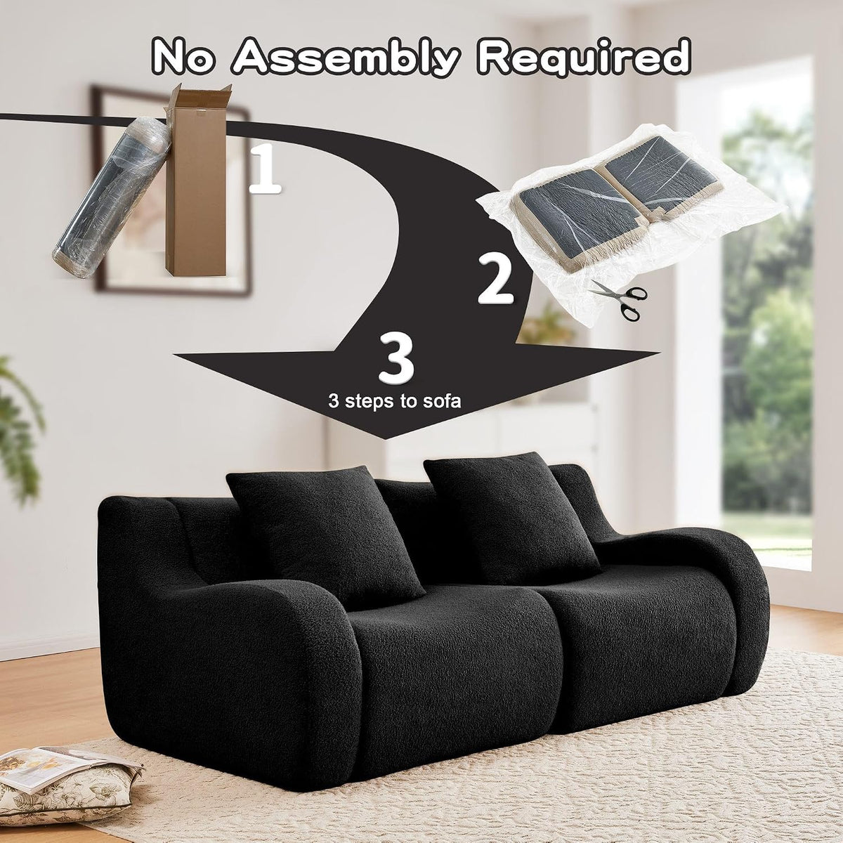 Soft Teddy Fabric Boneless Sofa Fluffy Comfortable Couch 32D High-Density Sponge Streamlined Design Non-Slip Base No Assembly for Living Room or Bedroom, Black