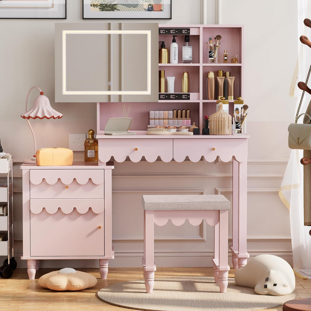 Pink Makeup Vanity Desk With 3 Color Touch Screen Lighted Sliding Mirror, Scalloped Large Vanity Table Set with Storage & Drawers Fluted Petal Pattern Dressing Table with Cushioned Stool for Bedroom