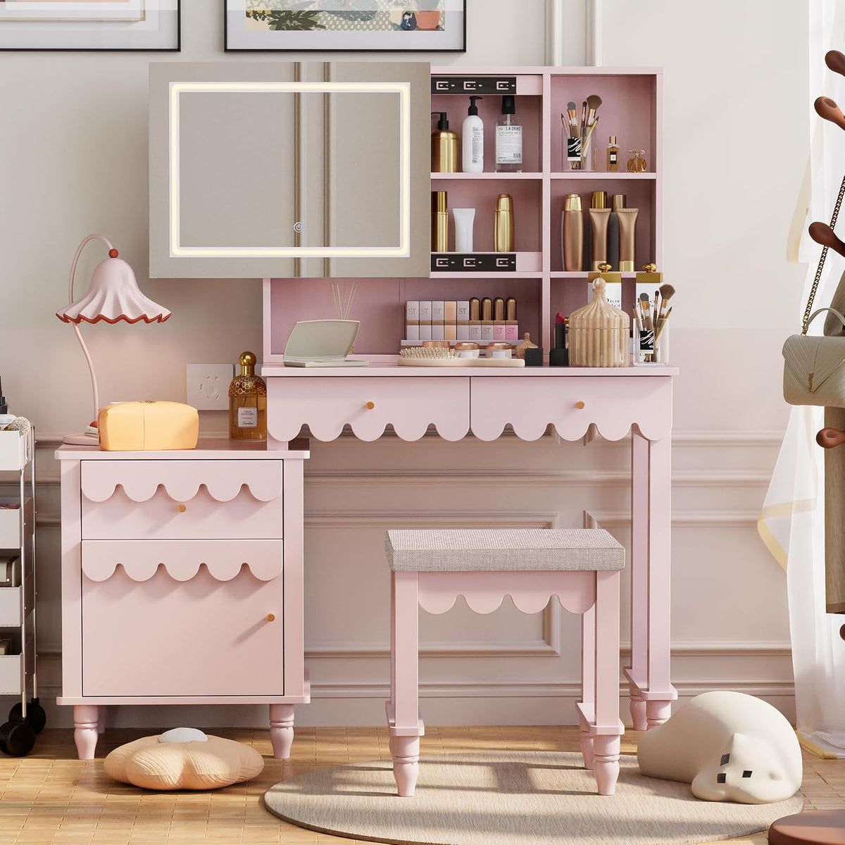 Pink Makeup Vanity Desk With 3 Color Touch Screen Lighted Sliding Mirror, Scalloped Large Vanity Table Set with Storage & Drawers Fluted Petal Pattern Dressing Table with Cushioned Stool for Bedroom