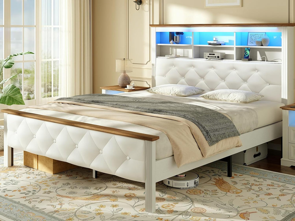 Farmhouse Queen Bed Frame with 51" Tall Headboard, Upholstered Queen Size Bed Frame with Storage, Charging Station and LED Light, Heavy Duty Wooden Slats, No Box Spring Needed，White and Walnut