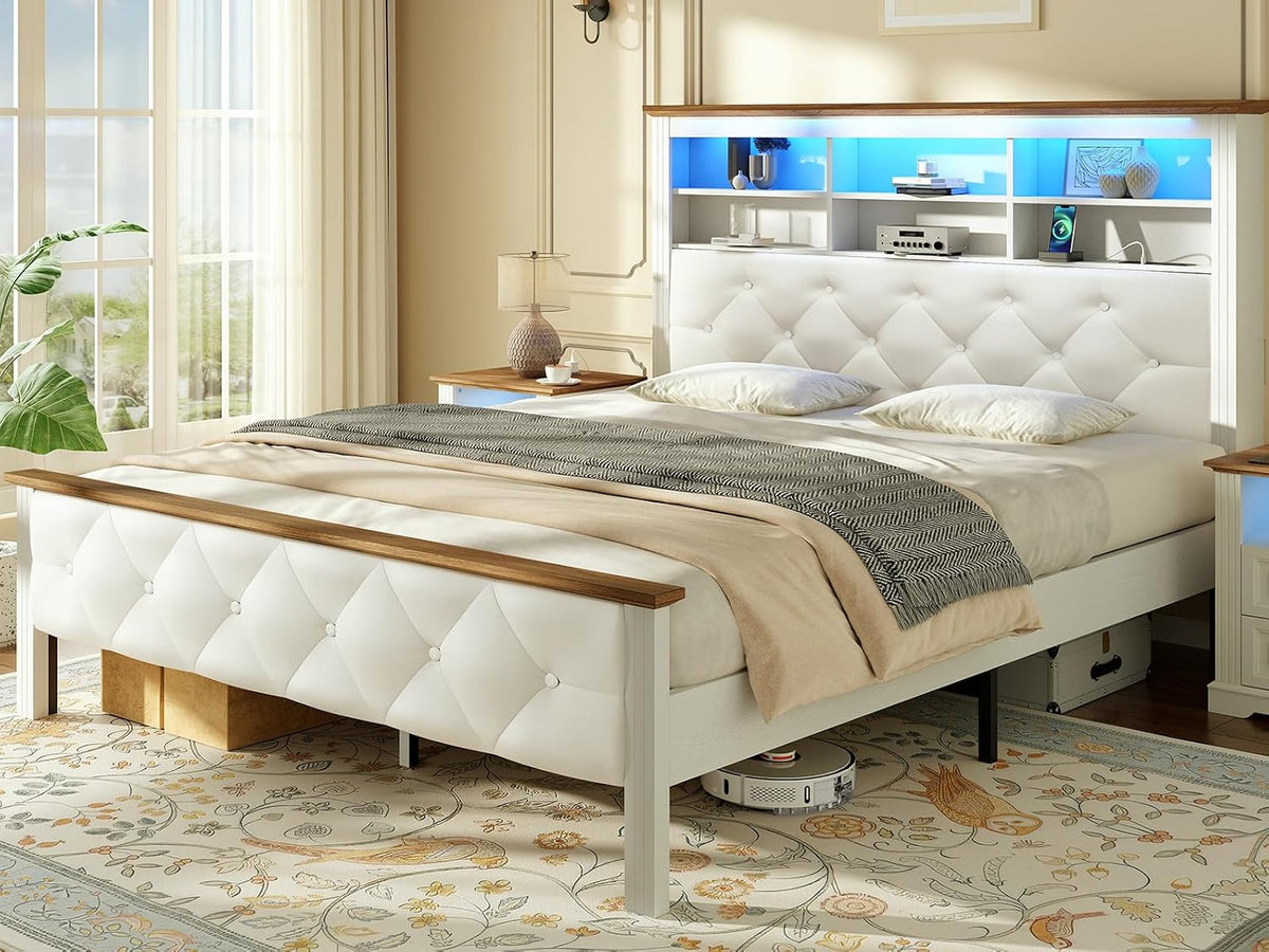 Farmhouse Queen Bed Frame with 51" Tall Headboard, Upholstered Queen Size Bed Frame with Storage, Charging Station and LED Light, Heavy Duty Wooden Slats, No Box Spring Needed，White and Walnut