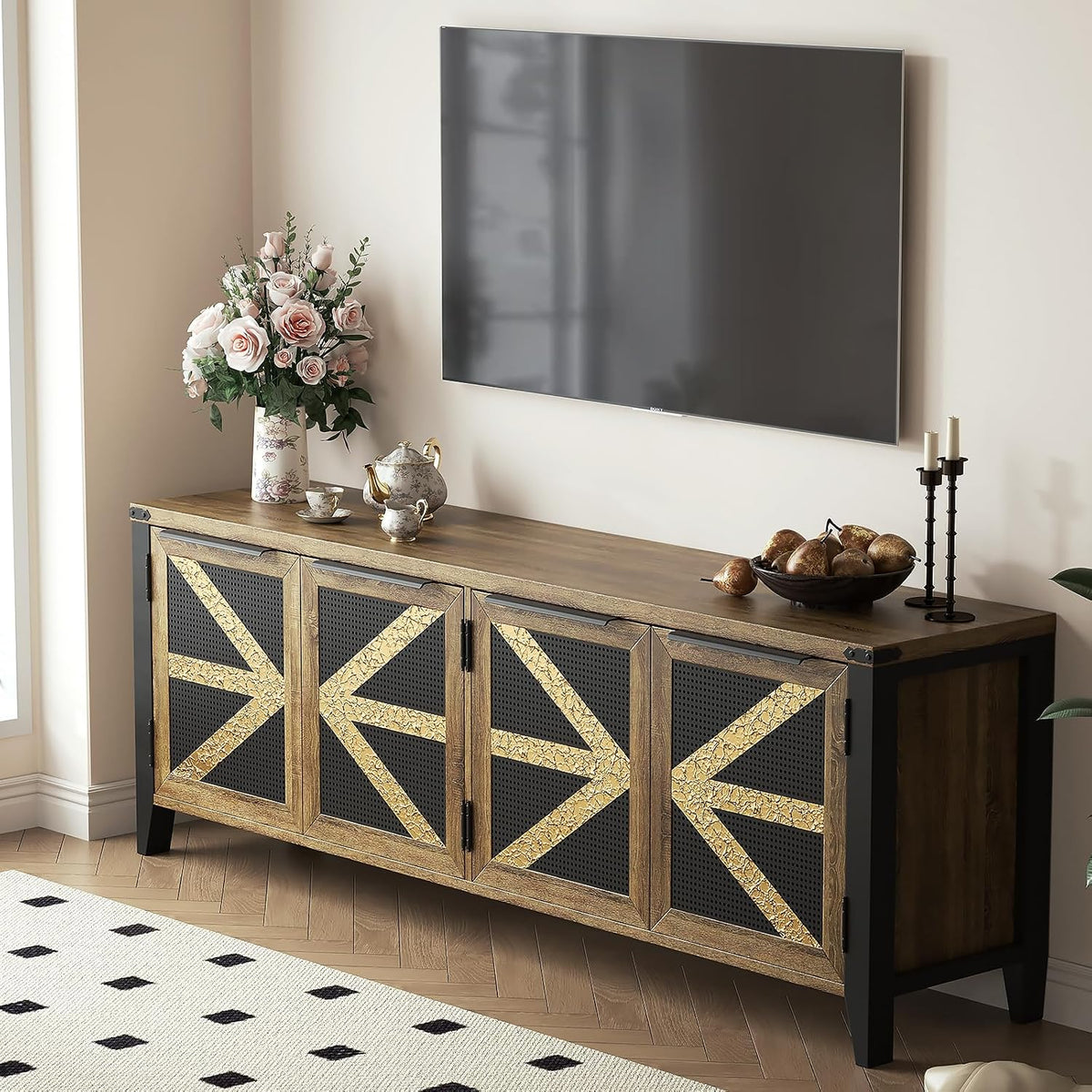 70 Inch Farmhouse TV Stand for 75 Inch TV, Rustic Entertainment Center with 4 Doors, Wood Media Console Cabinet with Storage, Living Room TV Cabinet