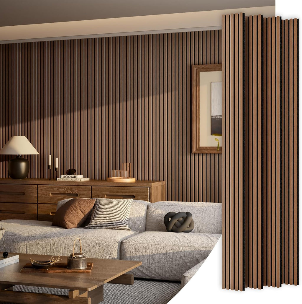 Wood Slat Acoustic Panels, 4 Pack 94" x 8"(21ft²) Wood Wall Panels, Walnut