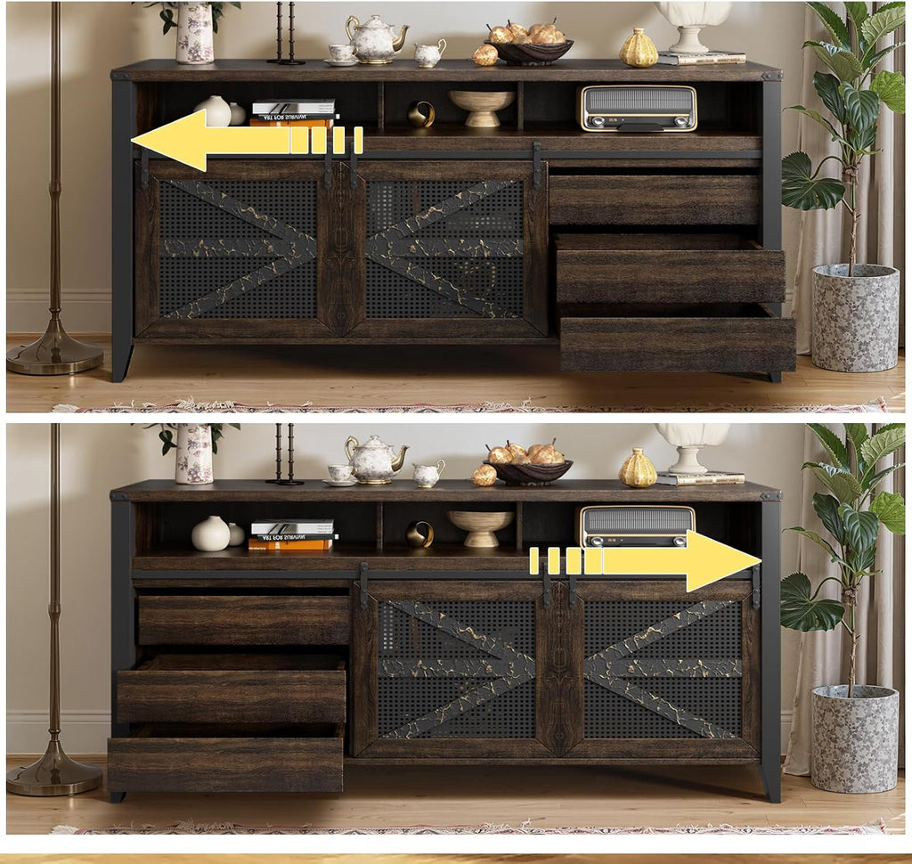 70 Inch TV Stand for TVs up to 70", Rustic Farmhouse Media Console with Sliding Barn Doors, 6 Drawers, Entertainment Center for Living Room
