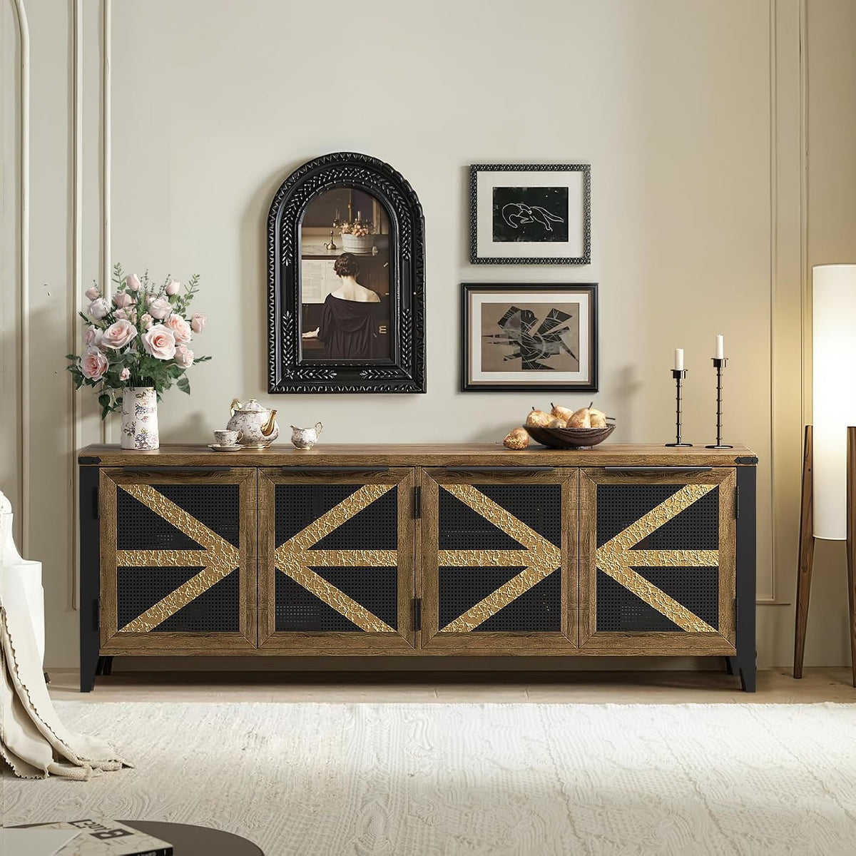 70 Inch Farmhouse TV Stand for 75 Inch TV, Rustic Entertainment Center with 4 Doors, Wood Media Console Cabinet with Storage, Living Room TV Cabinet