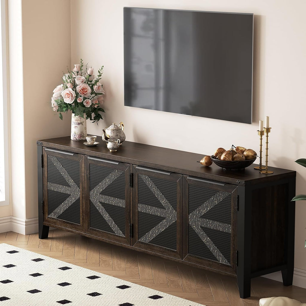 70 Inch Farmhouse TV Stand for 75 Inch TV, Rustic Entertainment Center with 4 Doors, Wood Media Console Cabinet with Storage, Living Room