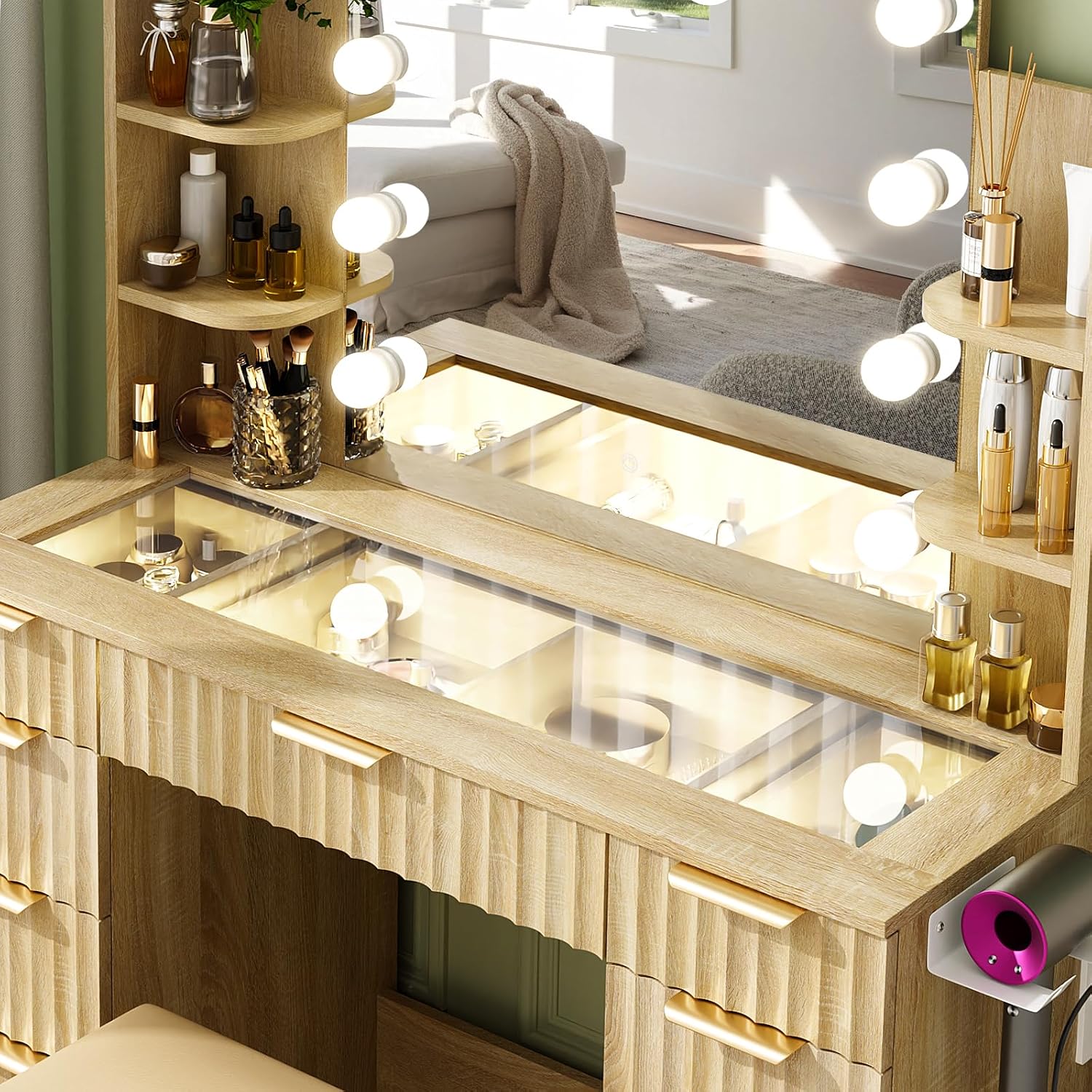 VOWNER Fluted Vanity with Mirror and Lights, 43" Glass Top Makeup Vanity Desk