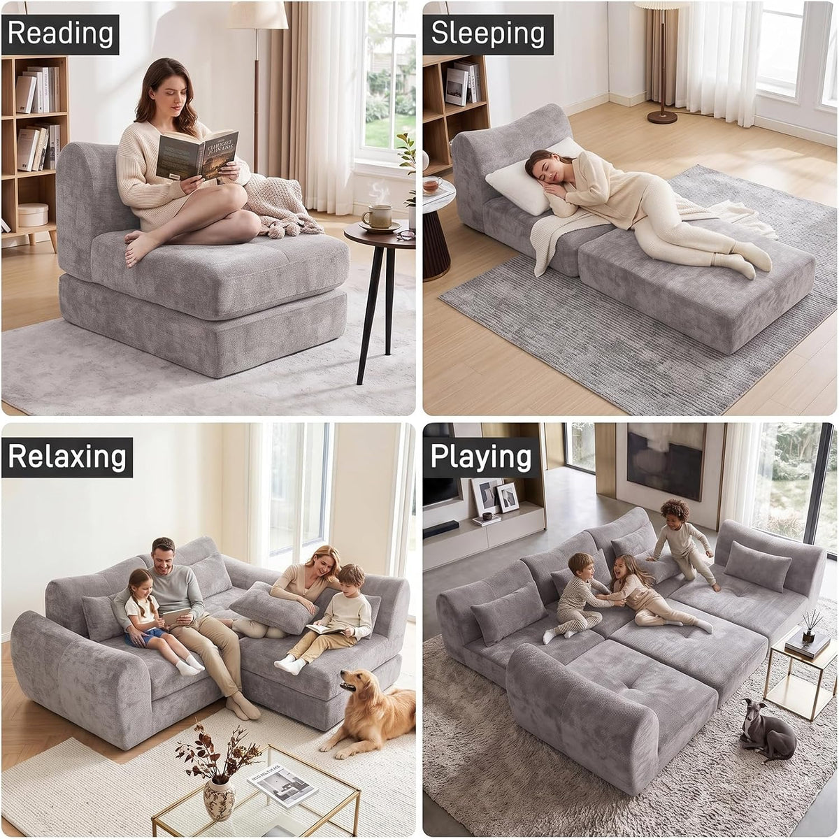 102" Modular Sectional Boneless Couch, Convertible Cloud Sofa Bed with Upholstered Deep Seat, Soft Deep Lounger for Living Room Playroom (Grey)