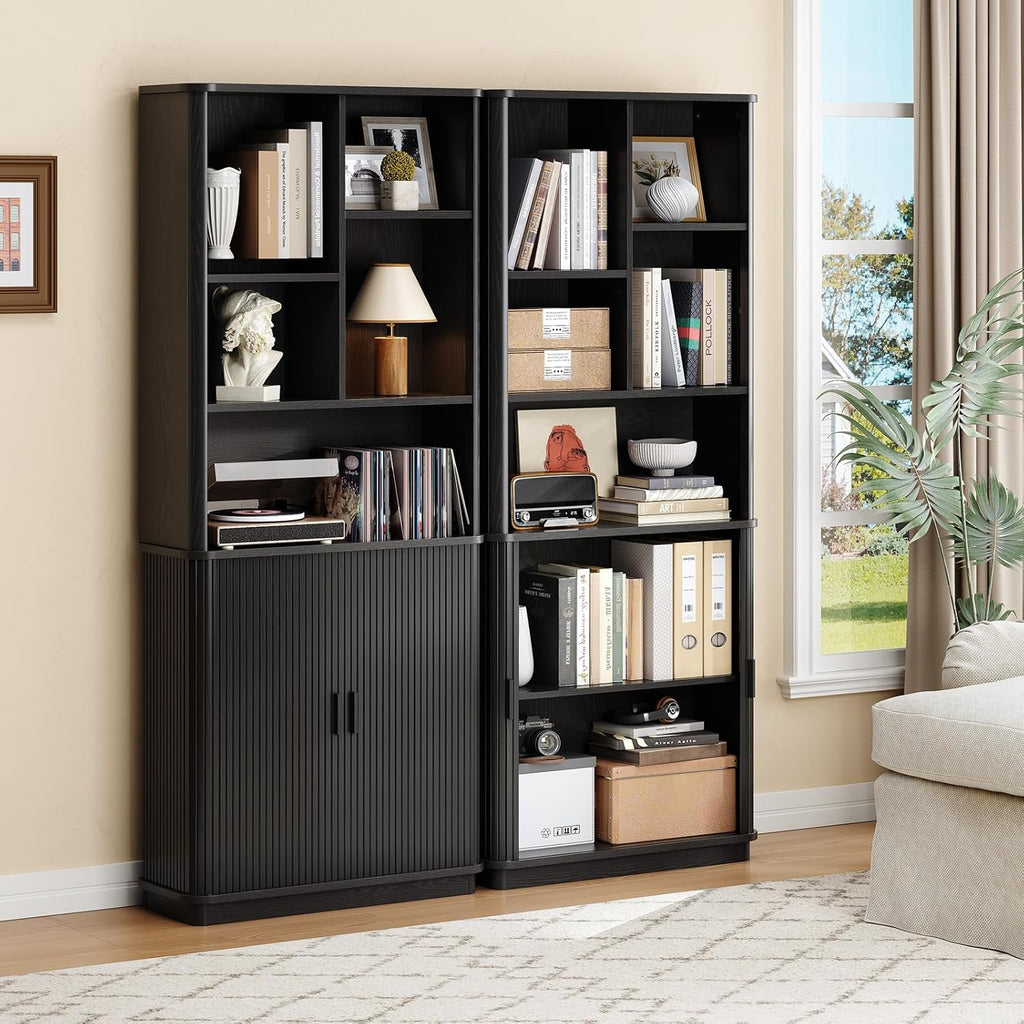 71" Tall Cube Bookcase, Curved Bookshelf with Storage Cabinet & Adjustable Storage Shelf