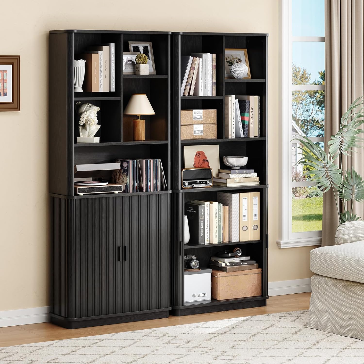 71" Tall Cube Bookcase, Curved Bookshelf with Storage Cabinet & Adjustable Storage Shelf