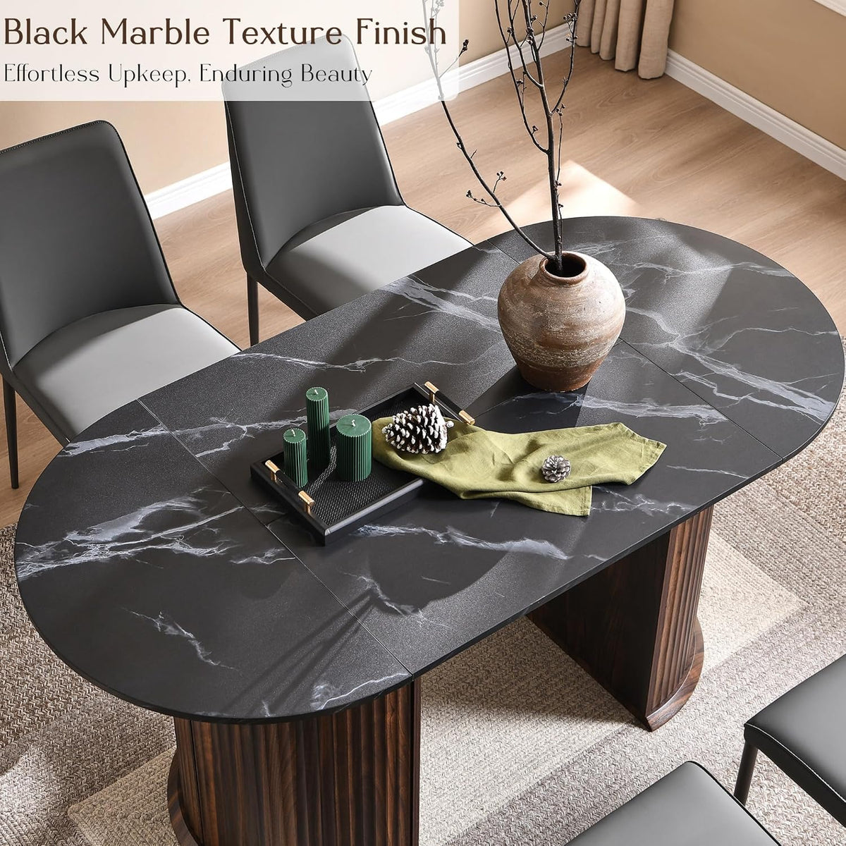 Fluted 63" Oval Dining Table for Kitchen Living Room, Walnut&Black