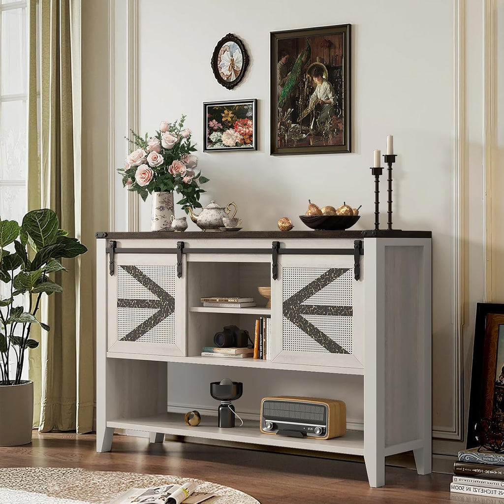 47.2" Farmhouse Console Table with Storage Drawers & Sliding Barn Doors, Hidden Compartment Narrow Rectangle Sofa Table Rustic Entryway Table for Living Room, Hallway, Behind Sofa