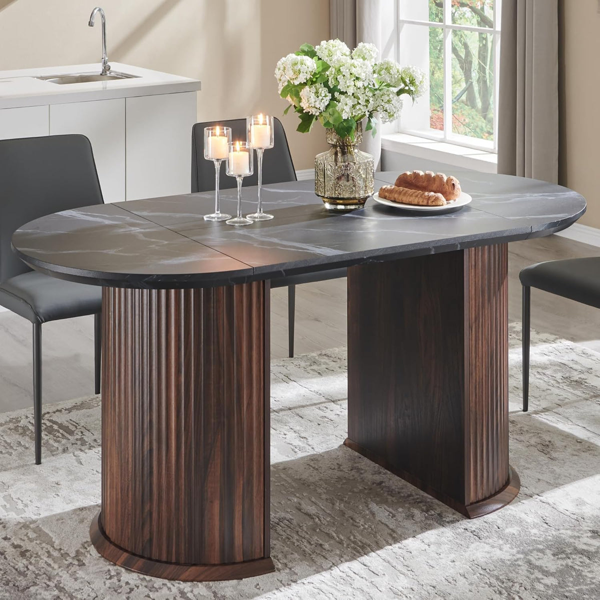 Fluted 63" Oval Dining Table for Kitchen Living Room, Walnut&Black